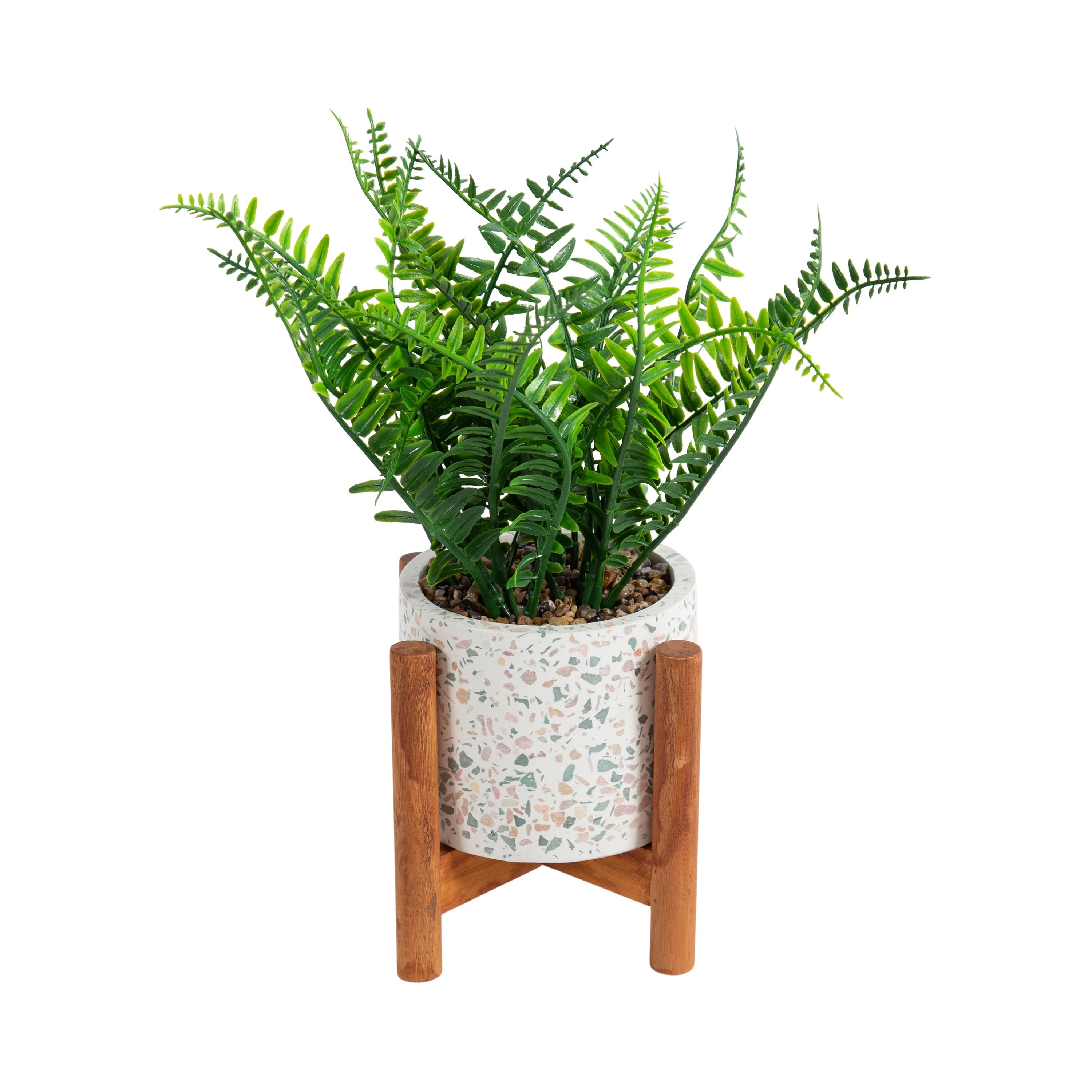 Design Ovation 10.5” x 3.875” Artificial Fern in Terrazo w/ Wooden Stand Plant Container | Walmart (US)