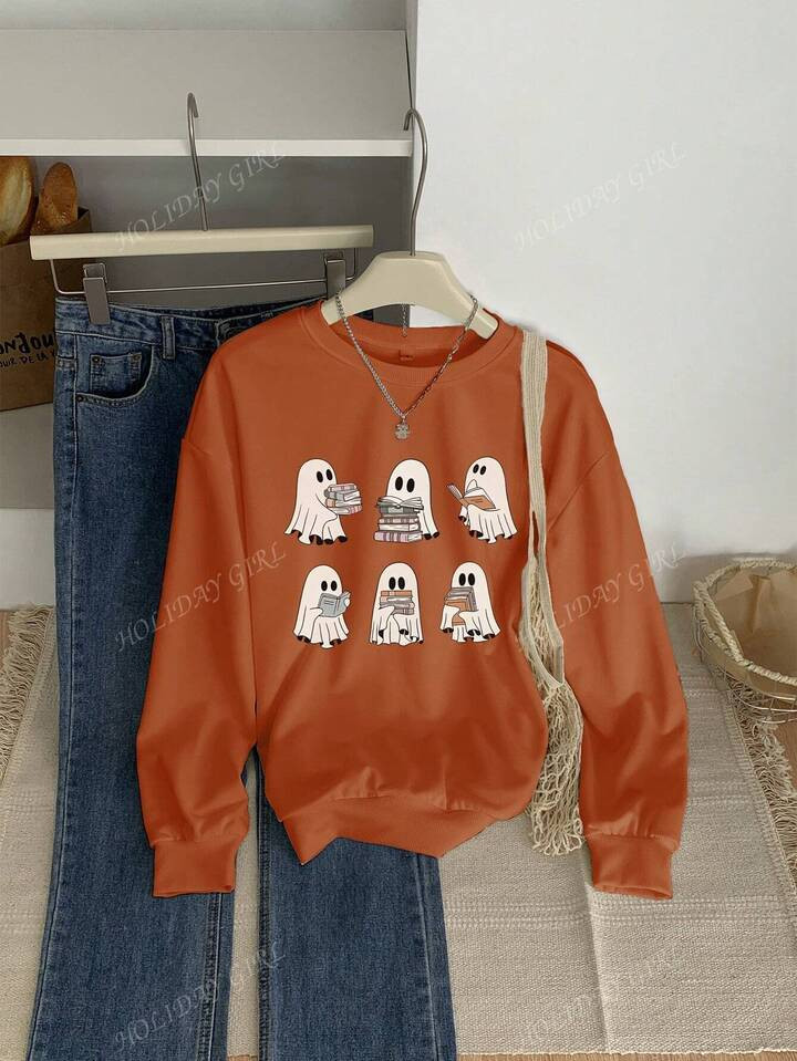 Women's Autumn And Winter Halloween Ghost Graphic Long Sleeved Crew Neck Sweatshirt,Casual Loose ... | SHEIN