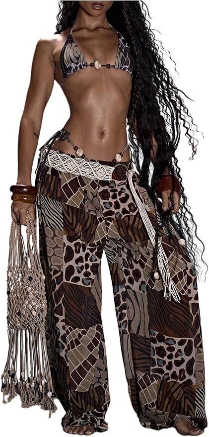 RoseSeek Women's Boho Color Block Wide Leg Pants Beaded Cheetah Print Palazzo Pants Casual Trouse... | Amazon (US)