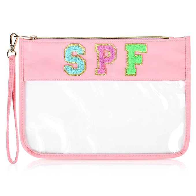 SPF Pouch Bag Chenille Letter Makeup Bag Clear Travel Zipper Nylon cosmetic Pouch Stoney Clover D... | Amazon (US)