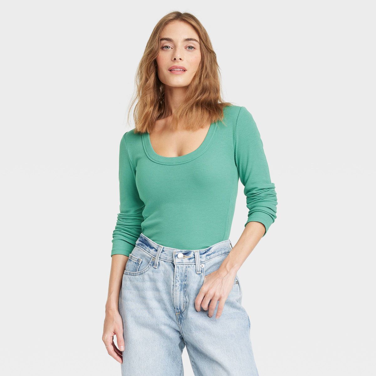 Women's Ribbed Long Sleeve Scoop Neck T-Shirt - Universal Thread™ Green M | Target