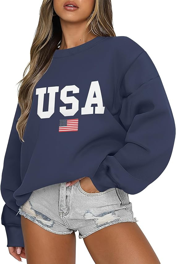 Micoson Women's Oversized USA Graphic Letter Print Sweatshirts Crewneck Patriotic Fleece Pullover... | Amazon (US)