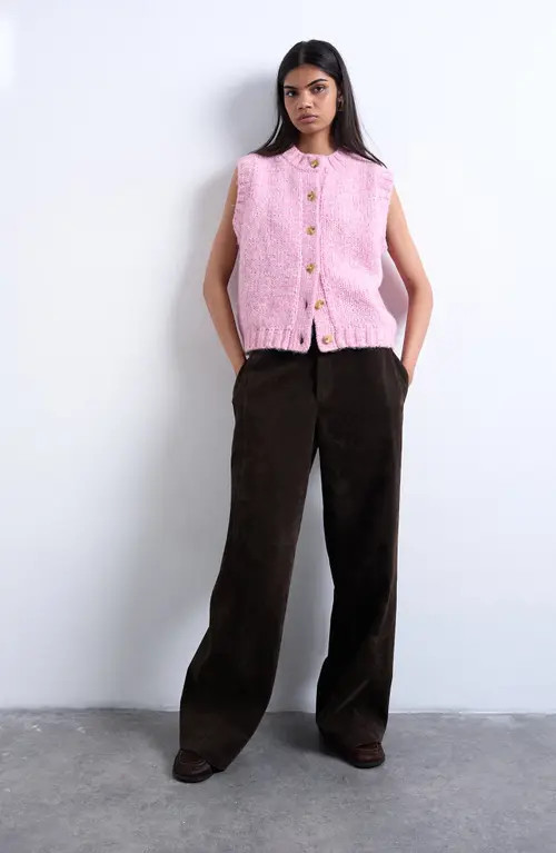 Topshop Fluffy Twist Button-Up Sweater Vest in Pink at Nordstrom, Size Small | Nordstrom