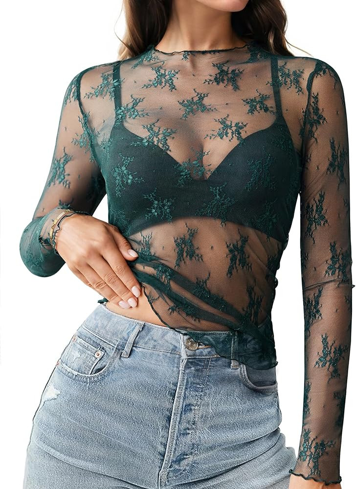 HOTOUCH Women's Mesh Sheer Tops Long Sleeve Layering Top Mock Neck See Through Floral Lace Shirt ... | Amazon (US)
