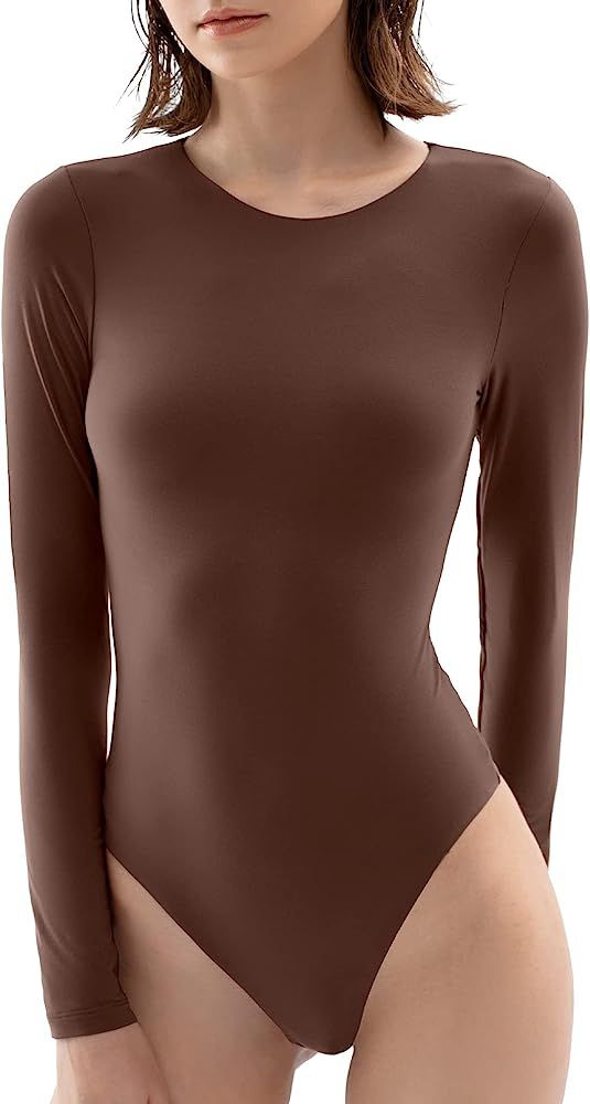 Women's Crew Neck Long Sleeve Bodysuit Second-skin Feel Tops Smoke Cloud Collection | Amazon (US)