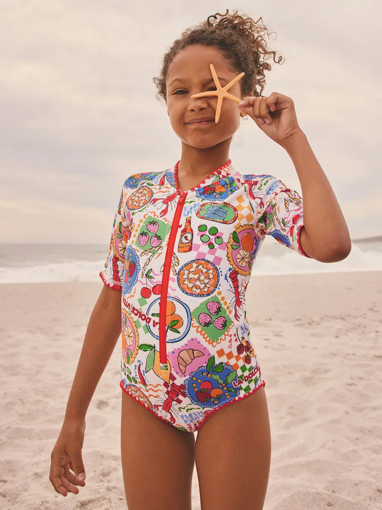 Multi Picnic Scene Short Sleeved Sunsafe Swimsuit (3mths-16yrs) | Next US