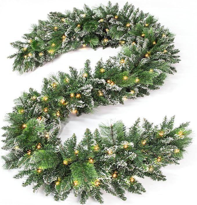 Jin&Bao 9FT Christmas Garland with Lights 100 LED Prelit Pine Needle Snow-White Branches Garland ... | Amazon (US)