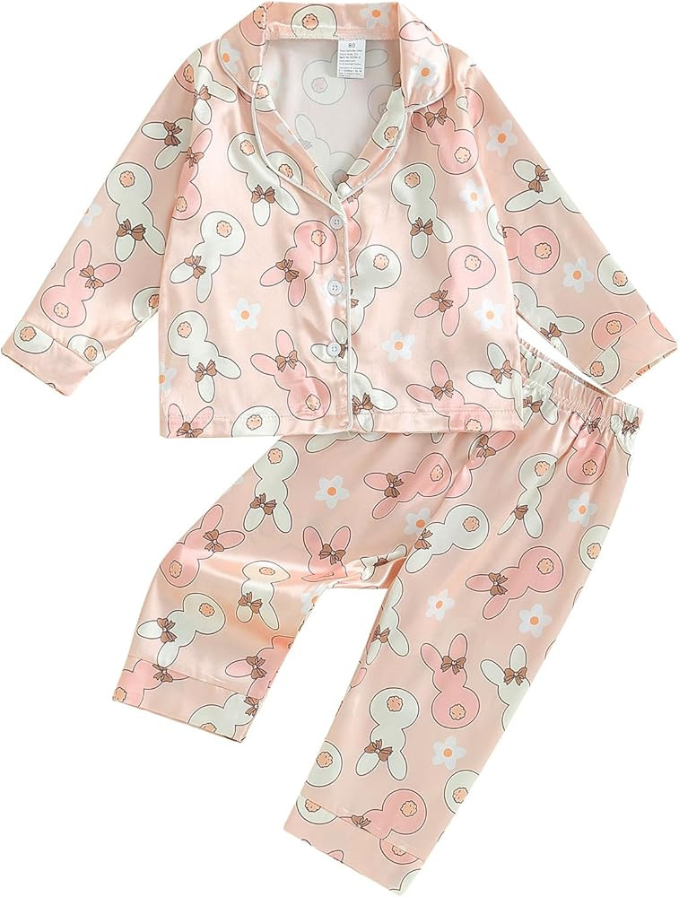 KelaJuan Baby Pajamas Bunny/Heart Print Lapel Button Tops and Elastic Waist Long Pants Toddler Pa... | Amazon (US)