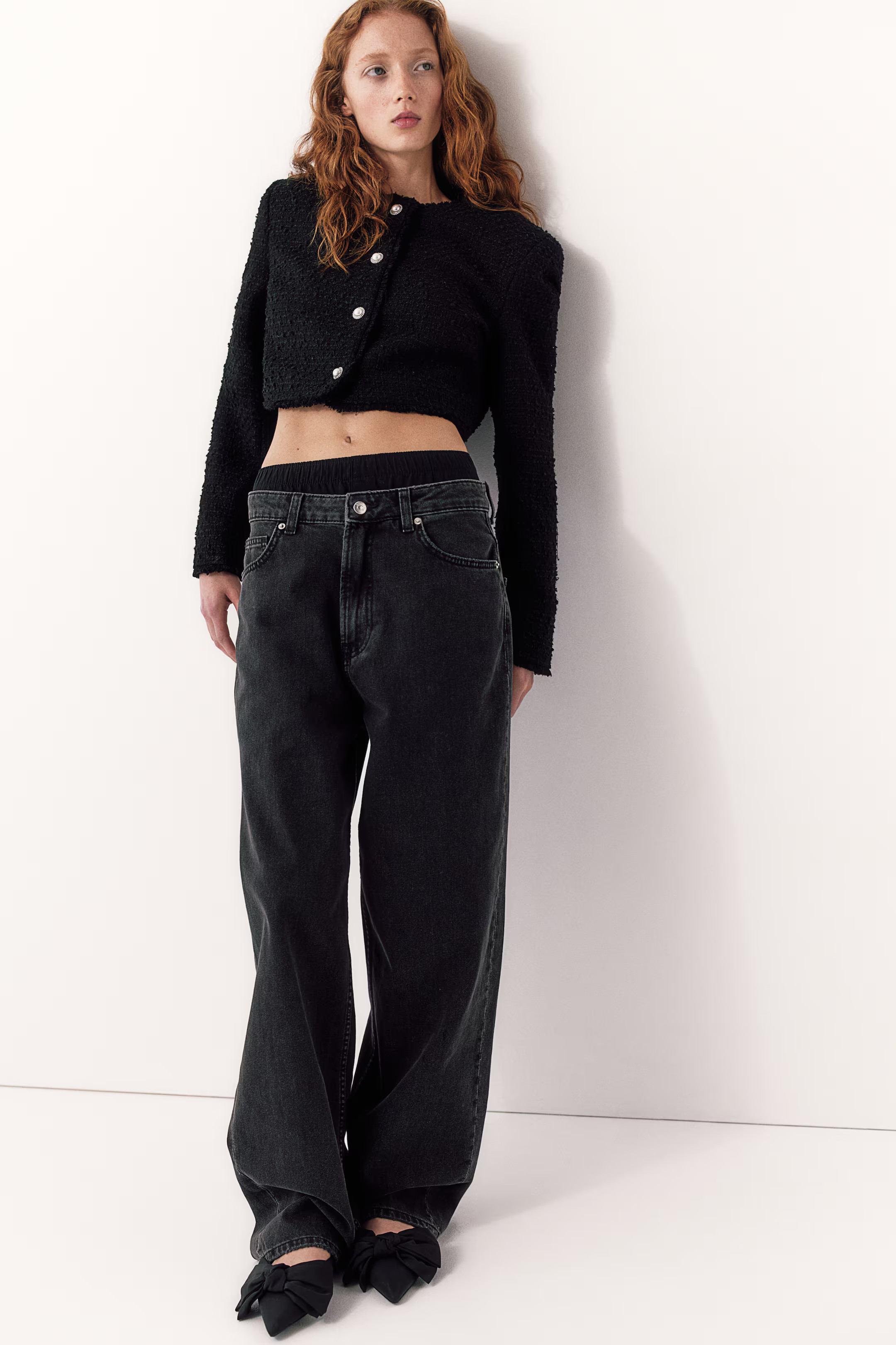 Cropped Bouclé-weave Jacket - Black - Ladies | H&M US | H&M (US + CA)