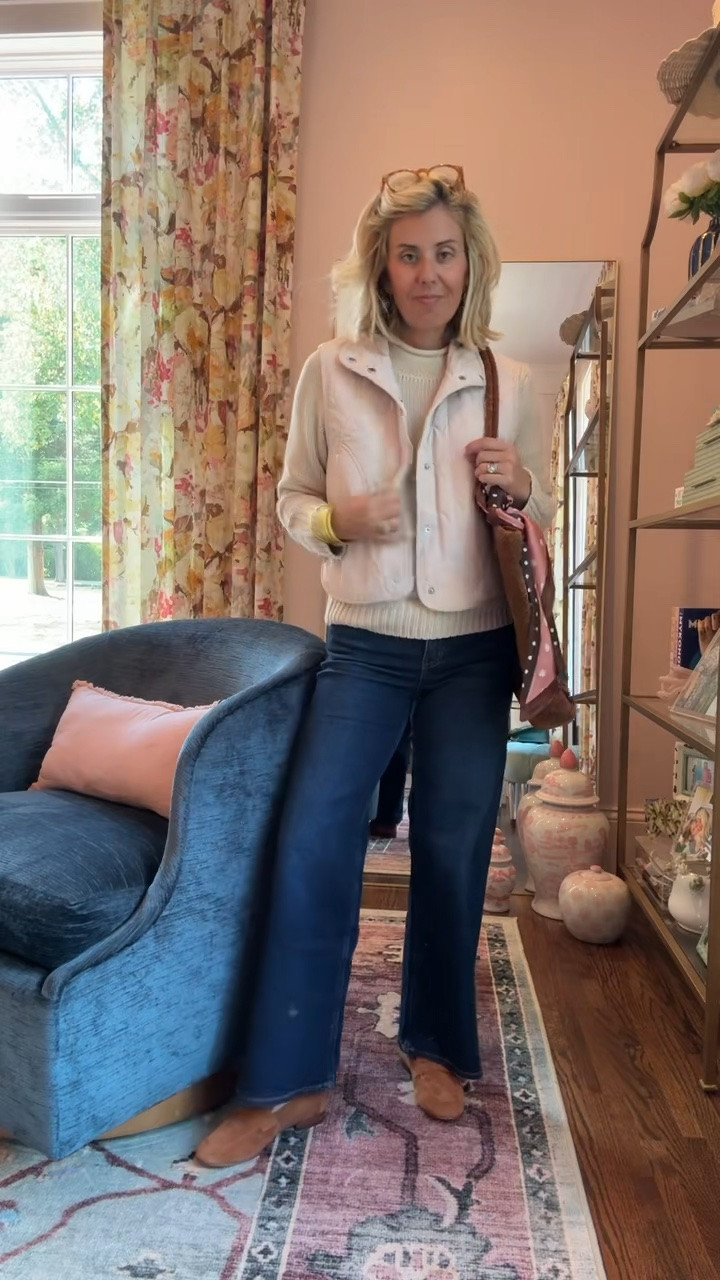 Darker wash in the Bella Jean and love the new vest!! 
￼ 
Sweater & Vest - xs
Jeans - 26 short (midnight blue)
Loafer - 7.5 (size 1/2 down)

#LTKdayinmylife #LTKSeasonal #LTKOver40