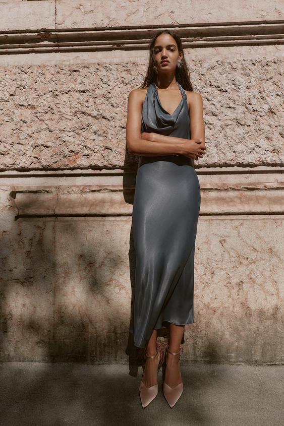 ASYMMETRIC BEADED SATIN EFFECT MIDI DRESS | Zara US