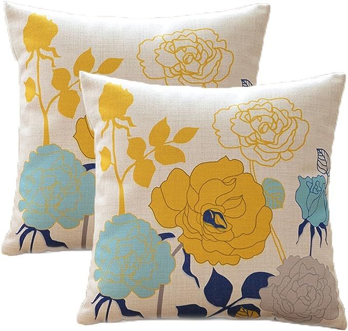 sykting Blue and Yellow Pillow Covers Farmhouse Cotton Linen Outdoor Throw Pillow Covers 18x18 in... | Amazon (US)