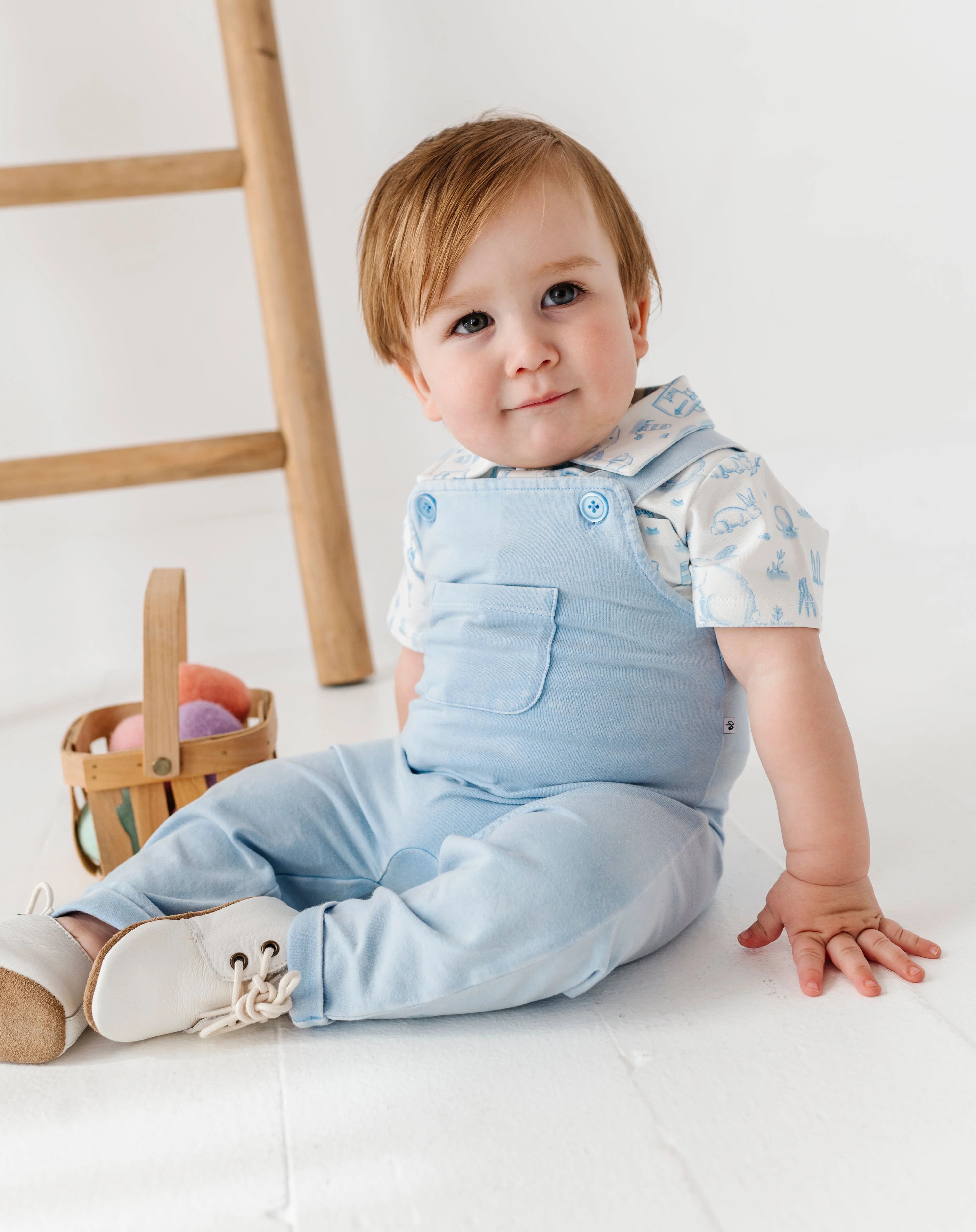 Blue Bunny Toile Distressed Overall Set | Birdie Bean