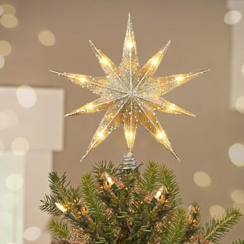 Luxspire Christmas Tree Topper, Lighted Star Tree Topper with USB Plug-in & Remote Control, 9.8" Christmas Tree Star Lights for Home Holiday Decor, 6H Timer & 8 Lighting Modes, Champagne Gold | Amazon (US)