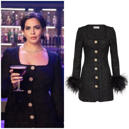Katie Maloney’s Black Tweed and Feather Dress in her Chili’s Espresso Martini Ad 📸 @chilis
