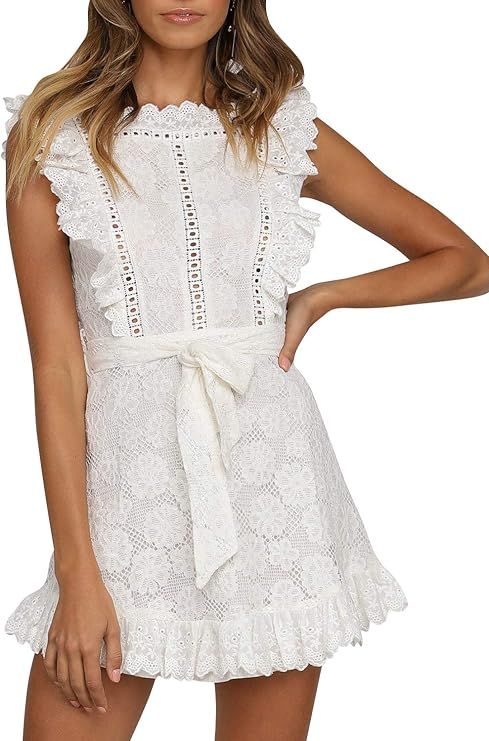 Fashiomo Women's Lace Floral Hollow Out Mini Dress Ruffle Tie Waist Summer Dress White | Amazon (US)