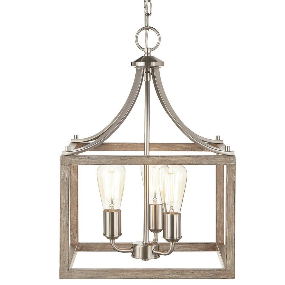 Hampton Bay Boswell Quarter 14 in. 3-Light Brushed Nickel Chandelier with Painted Weathered Gray Woo | The Home Depot