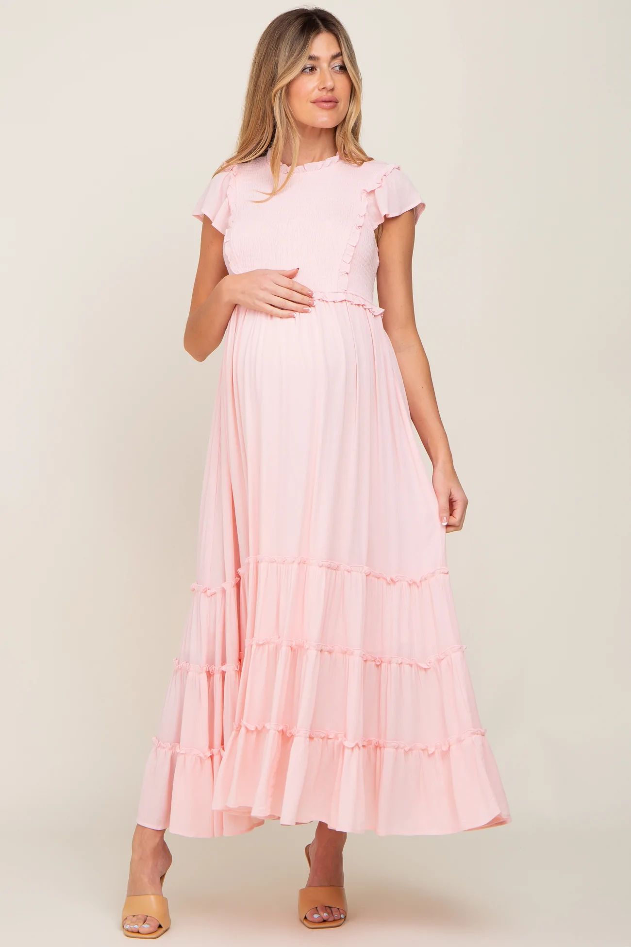 Light Pink Smocked Ruffle Accent Tiered Maternity Maxi Dress | PinkBlush Maternity