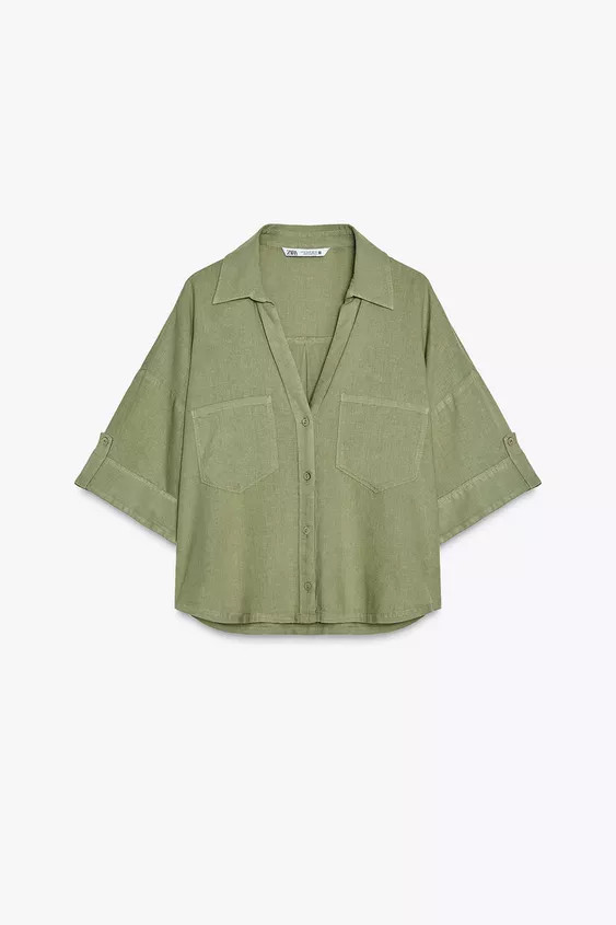 Linen shirt. Lapel collar with V-neck and short sleeves. Front patch pockets. Front button closur... | Zara US