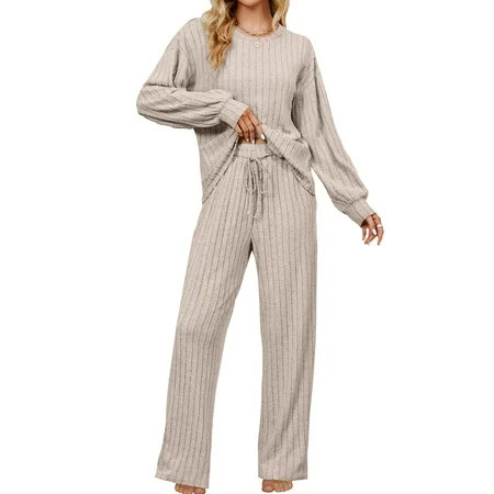 UVN Pajama Sets for Women Long Sleeve Lounge Set Ribbed Knit Sleepwear 2 Piece Pjs Soft Loungewear with Pockets | Walmart (US)