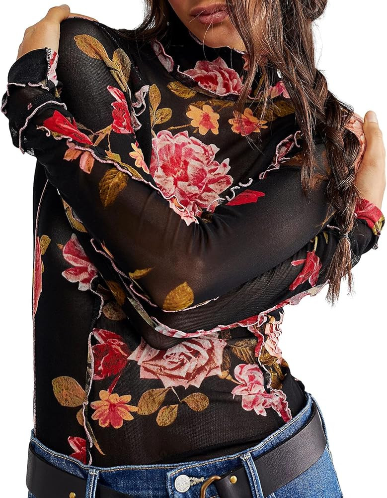 Women See Through Mesh Crop Top Long Sleeve Mock Neck Lace Floral Tee Shirt Tops Y2k Layered Blou... | Amazon (US)