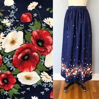 1970S Navy Red Poppies Boarder Print Cotton Maxi Skirt/Floral 70S Boho Hippie Long Festival Poppy Si | Etsy (US)