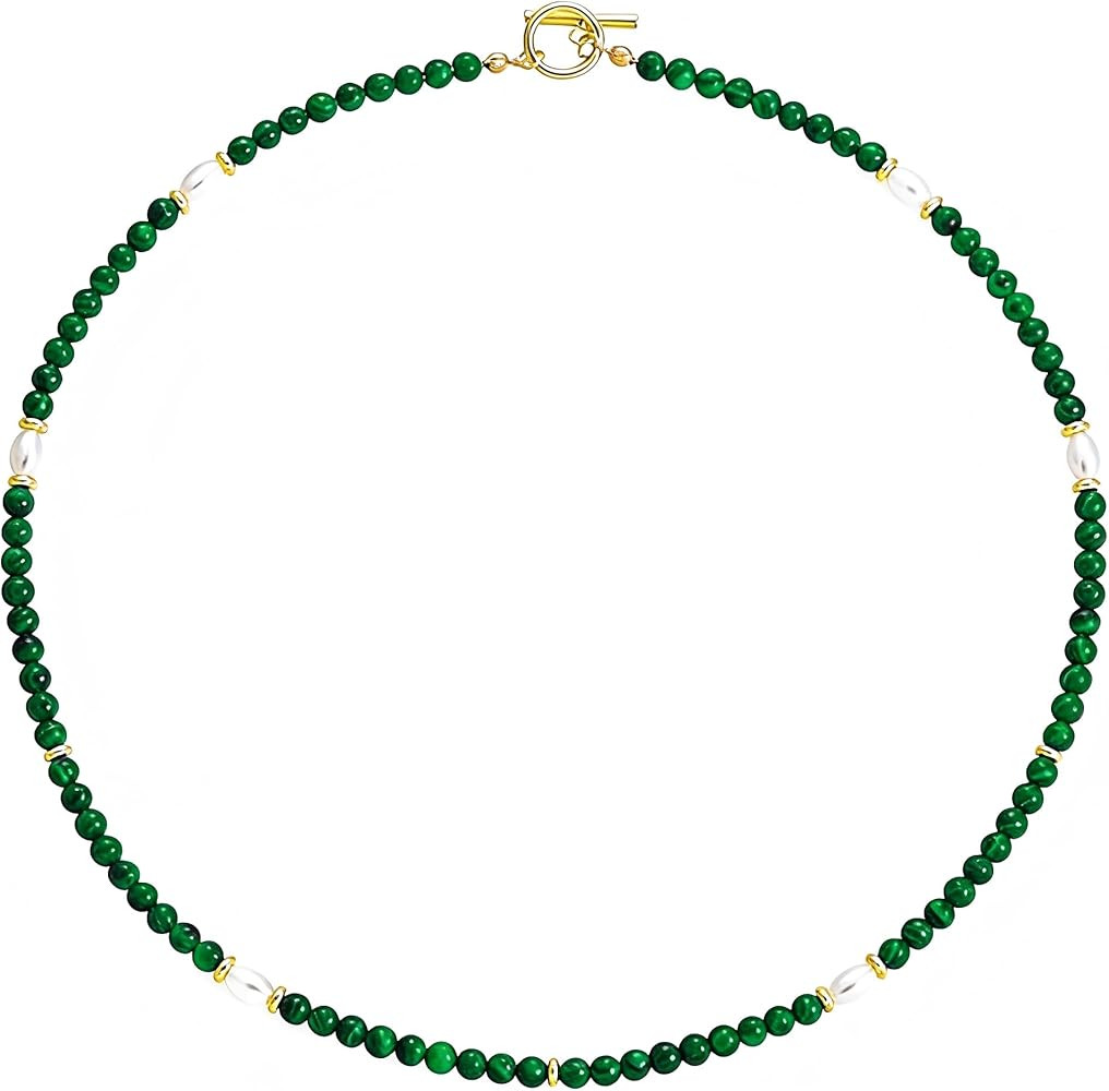 4mm Natural Green Malachite Beaded Choker Necklace for Women, 18K Gold Plated Beads & Pearls, Min... | Amazon (US)