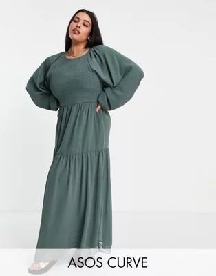 ASOS DESIGN Curve shirred bodice maxi dress in khaki | ASOS | ASOS (Global)