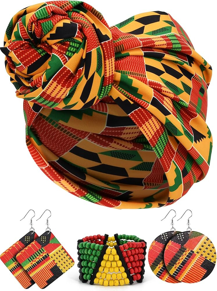 4 Pcs African Jewelry Queen Sets Kente Cloth Scarf Black History Decorations Outfits Juneteenth B... | Amazon (US)