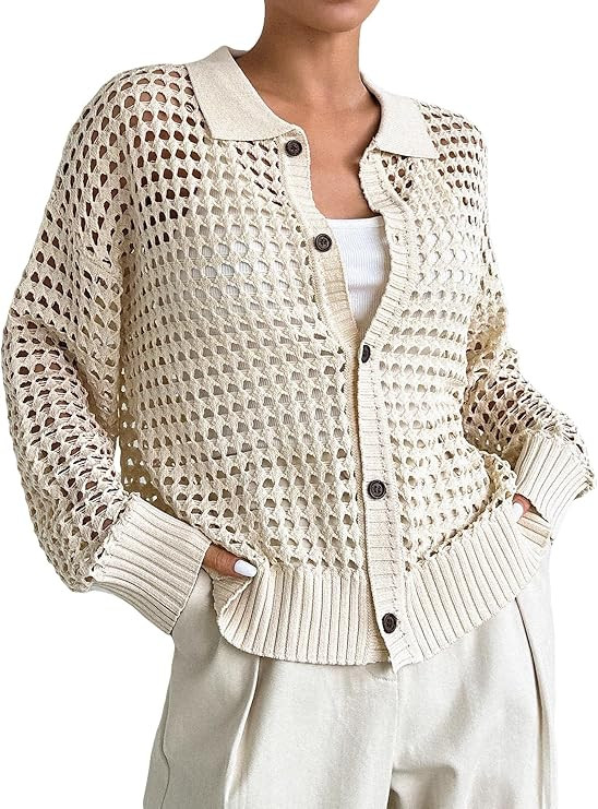 QWINEE Women's Crochet Cardigan Sweater Crochet Tops Lightweight Sweater Hollow Out Cardigan | Amazon (US)