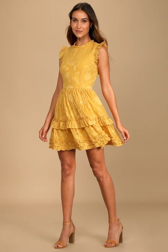 True as Can Be Mustard Yellow Burnout Floral Ruffled Mini Dress | Lulus (US)