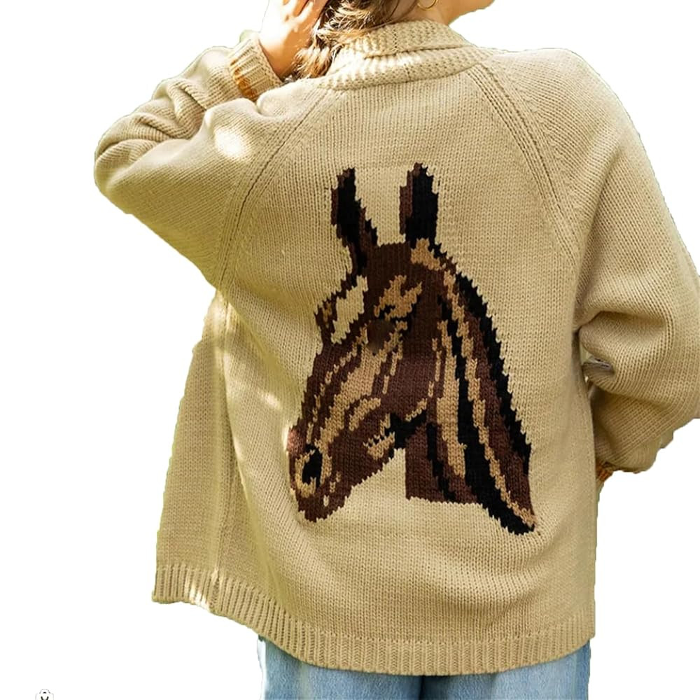 Cárdigan de caballo para mujer, suéter de punto Y2K con estampado de animales, abrigo vintage p... | Amazon (US)