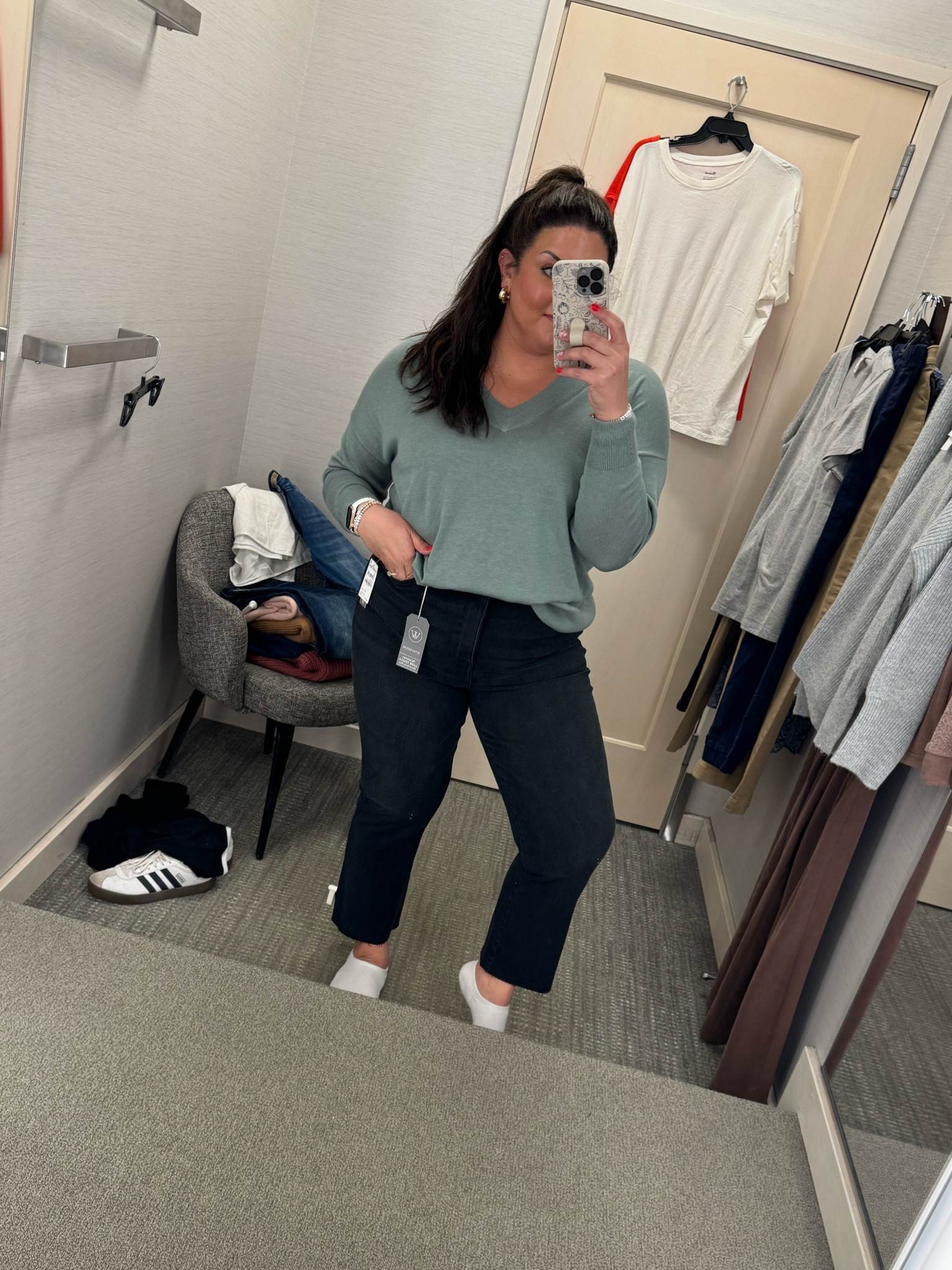 Wearing an XL in this sweater but could have done a L. It’s sooo soft and not too heavy or itchy. Wearing a 12 in these Wit & Wisdom jeans - they’re super stretchy so I always size down 1! 

#LTKxNSale #LTKSaleAlert #LTKMidsize