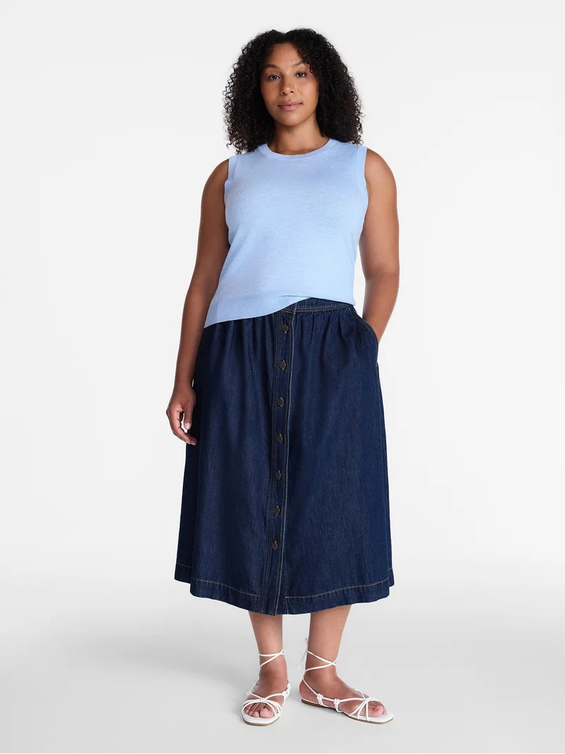 Time and Tru Women's Button Front Denim Midi Skirt, Sizes XS \u2013 XXXL | Walmart (US)