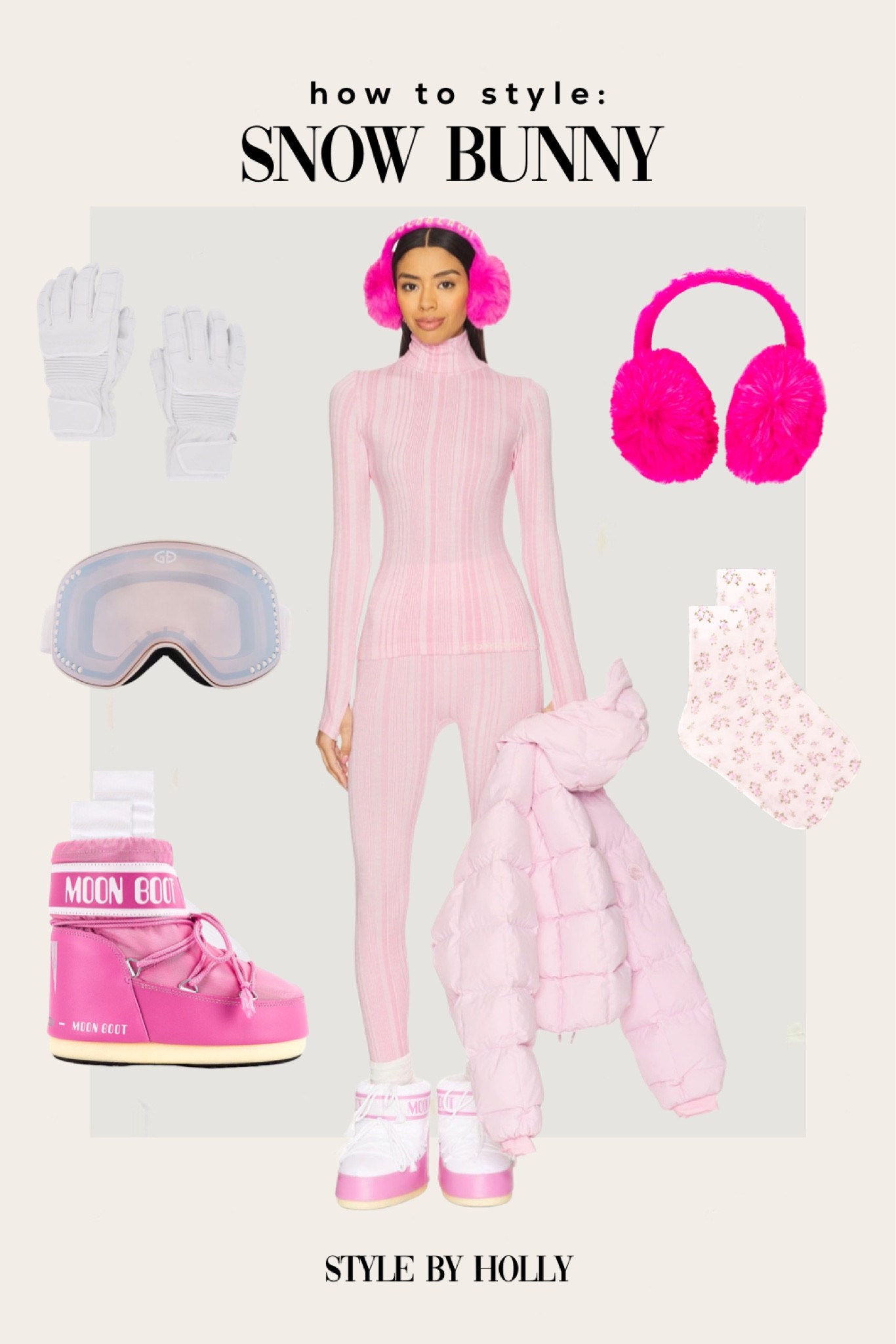 Apres Ski Winter Outfit 
Snow Bunny Pink Ski Outfit 
Cordova Knit Top & Leggings 
Pink Down Puffer Jacket 
Moon Boots Classic Low 2 Bootie Pink
Pink Earmuffs
Goldbergh Ski Goggles 
Winter Gloves
Floral Boot Socks

#LTKStyleTip #LTKTravel #LTKSeasonal