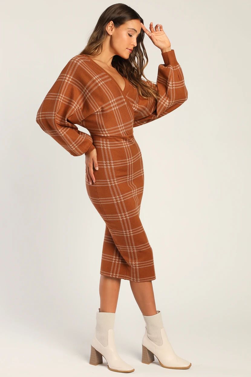 Plaid Your Love Brown Dolman Sleeve Bodycon Midi Sweater Dress | Lulus (US)