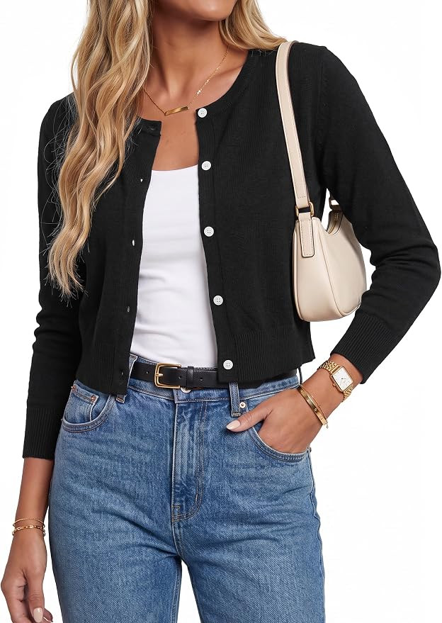 Arach&Cloz Women's Wool Blend Cropped Crewneck Fall Work Cardigan Sweaters | Amazon (US)