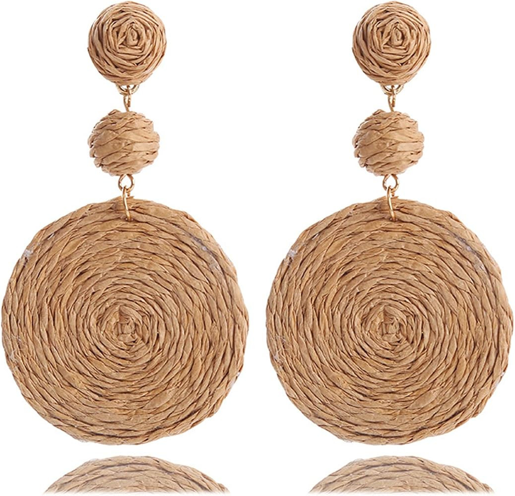 Boho Raffia Ball Earrings for Women, Handmade Statement Drop Earrings Straw Dangle Earrings Beach... | Amazon (US)