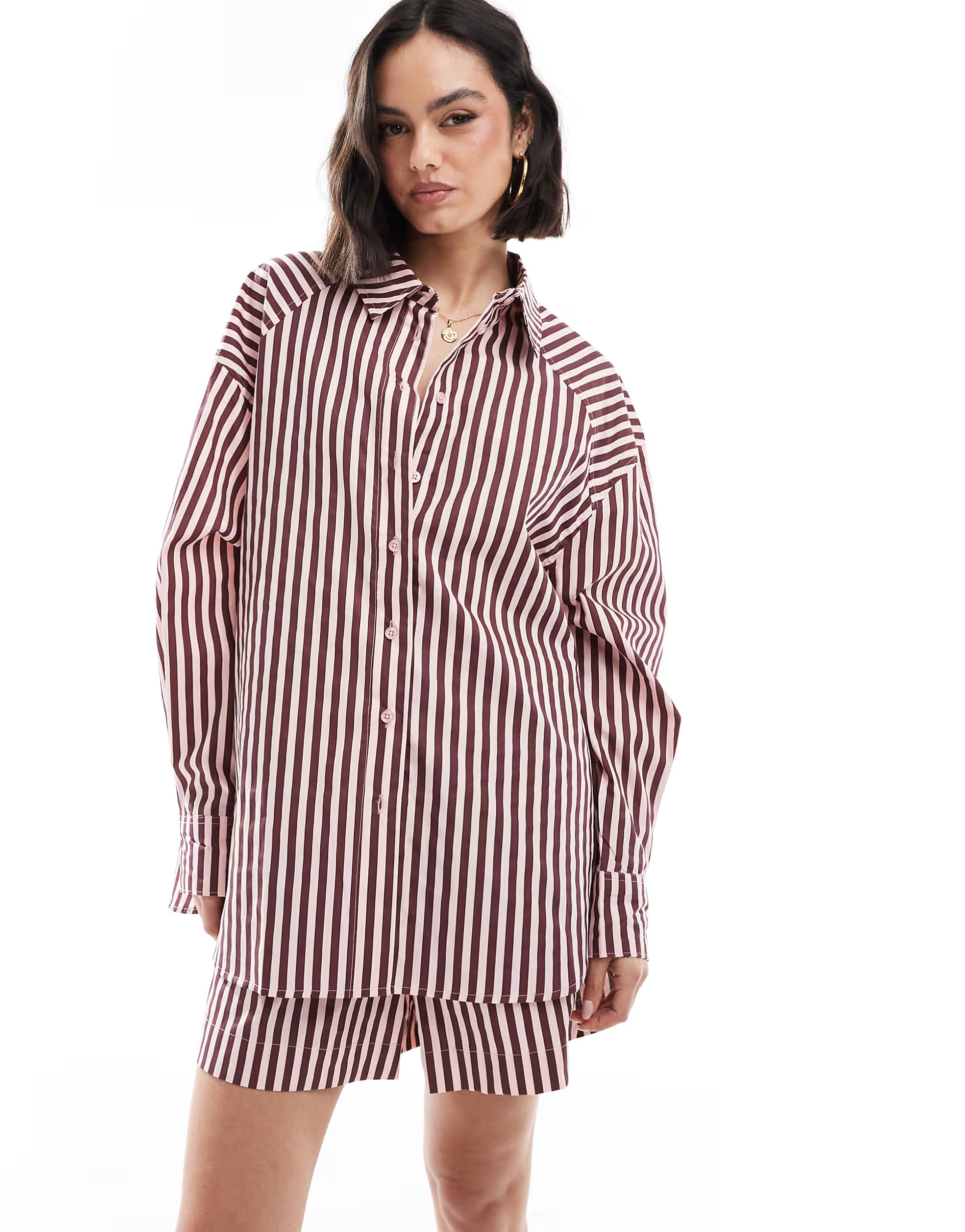 ASOS DESIGN relaxed shirt co-ord in burgundy and pink stripe | ASOS | ASOS (Global)