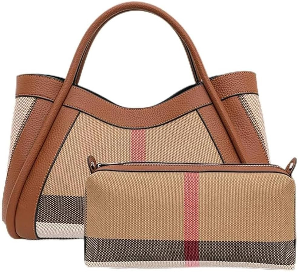 Classic Checkered 30 CM Tote Handbag Canvas & Cowhide Leather Plaid Top Handle with Detachable Sh... | Amazon (US)