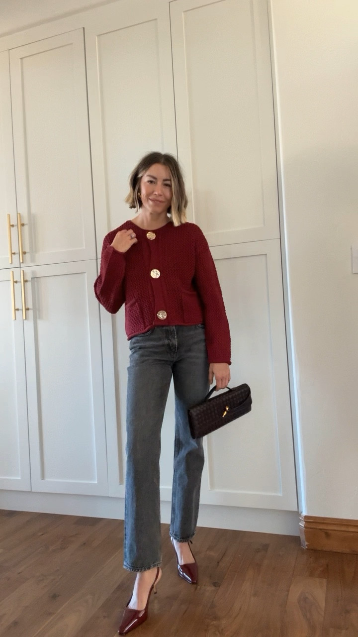 How to style THE color of the holidays // Burgundy 🤍 Bag and Shoe colors are ‘wine red’ and ‘burgundy’ 
I’m wearing a S in everything, 25 denim. Shoes are tts 

#LTKFindsUnder50 #LTKStyleTip #LTKHoliday