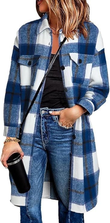 PRETTYGARDEN Women's 2022 Plaid Shacket Jacket Long Sleeve Button Down Shirts Fashion Winter Wool... | Amazon (US)