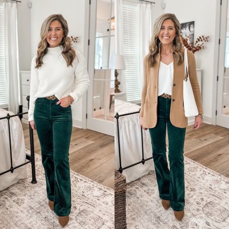 Favorite pants on sale for $35🍂 
Wearing size 24P (tts and love how these fit) 
White sweater on sale for $17.50 (I sized up one size), booties (tts), sweater blazer XXS (I sized down one)

#LTKsalealert #LTKSeasonal #LTKHoliday