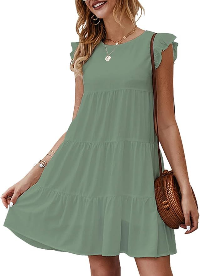 Amazon.com: KIRUNDO 2022 Women’s Summer Mini Dress Sleeveless Ruffle Sleeve Round Neck Solid Co... | Amazon (US)