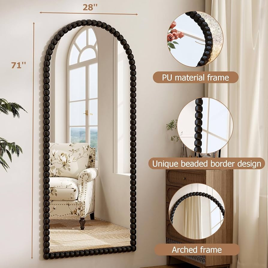 28"x71" Black Arched Full Length Mirror, Vintage Beaded Decorative | Amazon (US)