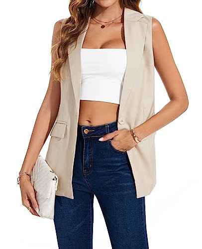 MINTLIMIT Women's Sleeveless Vest Long Blazer Vests Casual Open Front Trench Coat Jacket with Pockets (Beige, Size S) | Amazon (US)