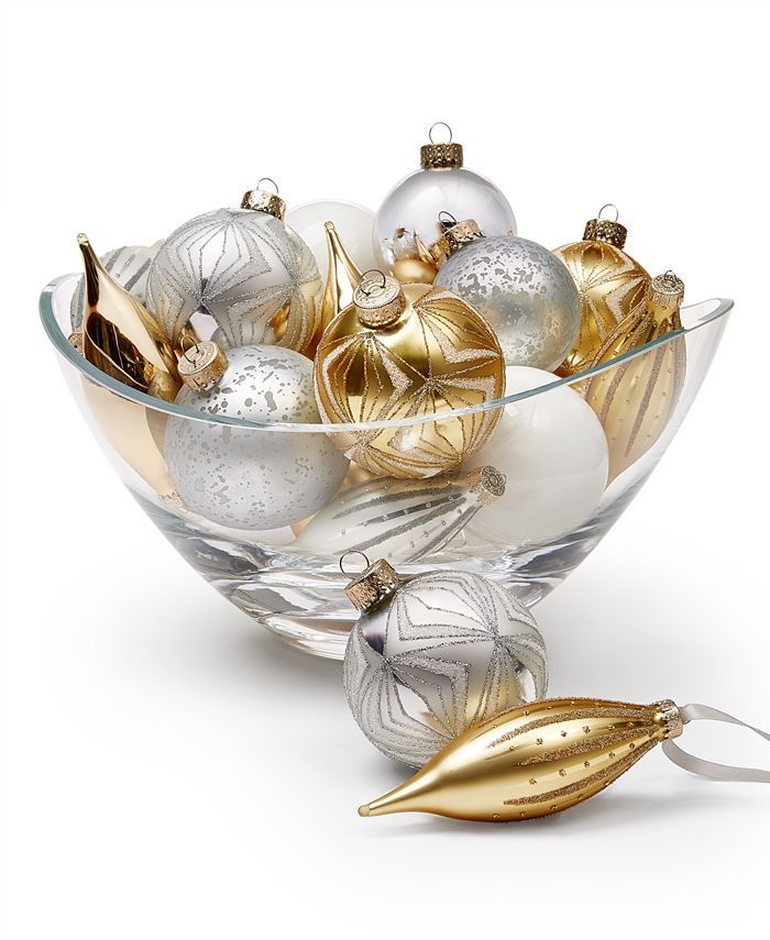 Holiday Lane Shine Bright Set of 22 Silver-Tone, Gray & Gold-Tone Glass Ball & Drop Ornaments, Cr... | Macys (US)