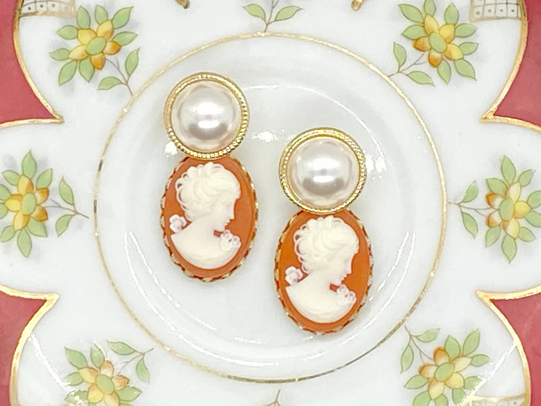 Cameo Earrings/carnelian Cameo Earrings/pearl Earrings/lady Cameo Earrings/gift for Her/pearl Pos... | Etsy (US)