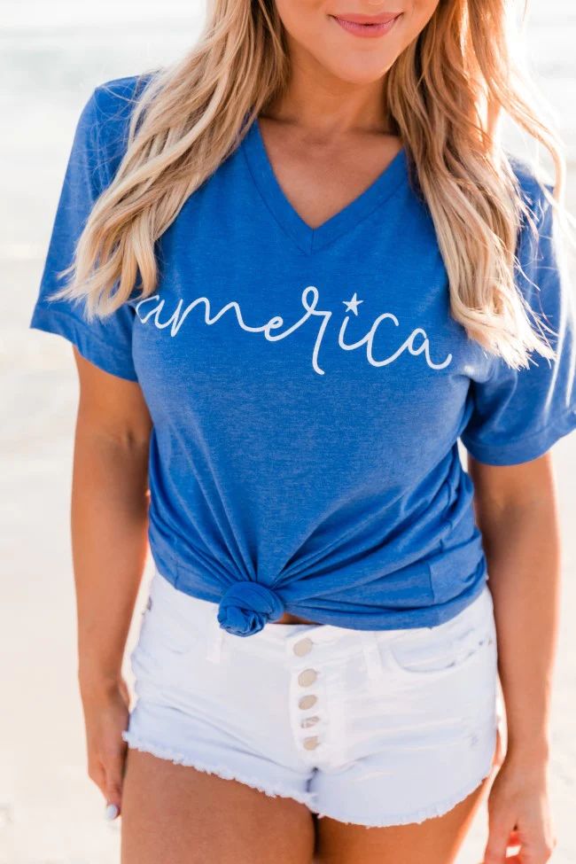 America Cursive Graphic V-Neck Heather True Royal Tee | The Pink Lily Boutique