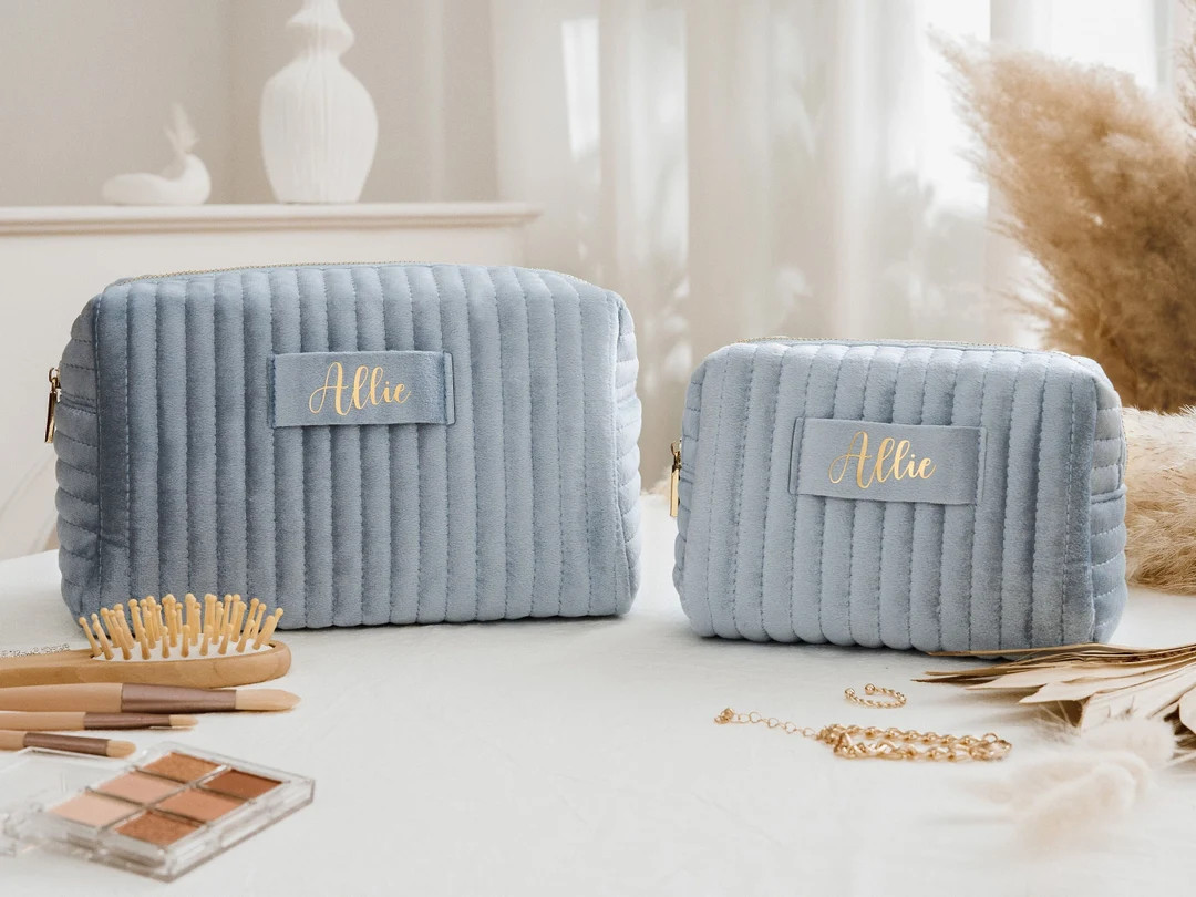 Personalized Makeup Bag, Custom Bridesmaid Gift, Velvet Cosmetic Bag, Travel Toiletry Bag, Weddin... | Etsy (US)